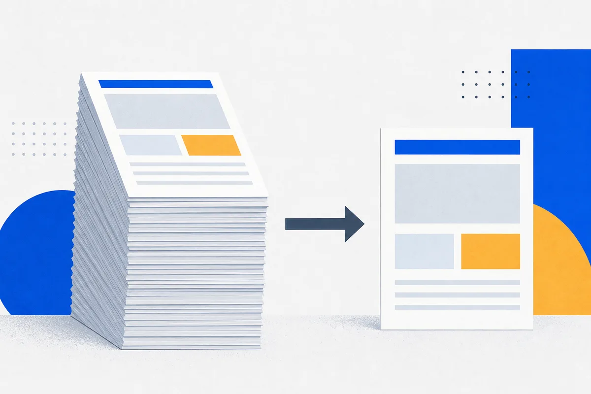 A tall stack of pages reduced to a single clean page beside it.