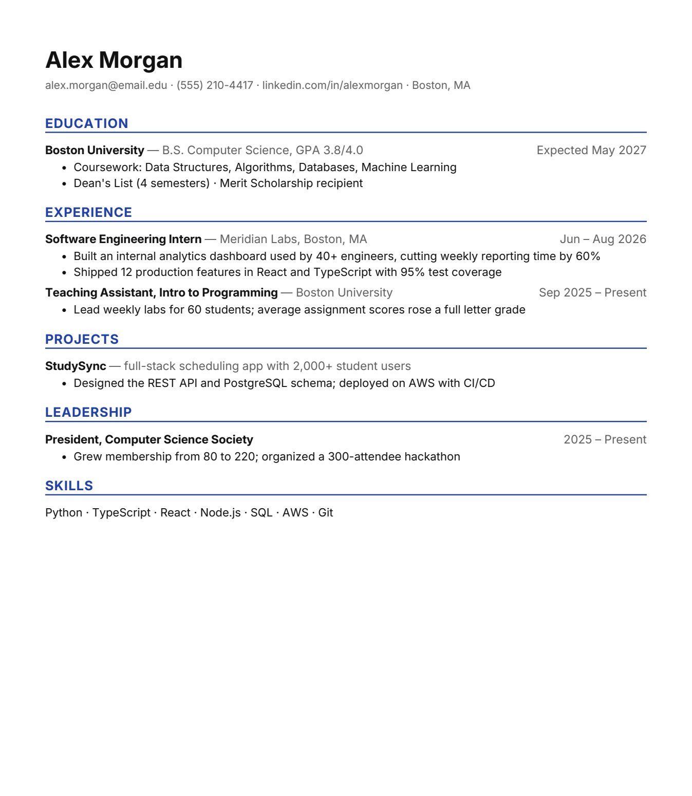 Technical / SWE resume template, real export preview
